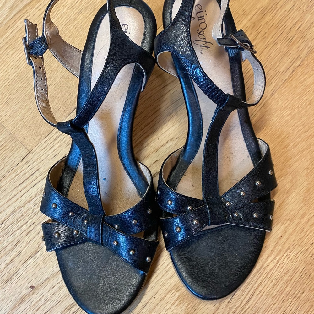 Black leather platform wedge sandals 9.5